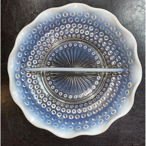 Vintage Fenton Clear Opalescent Moonstone Ruffled Edge Hobnail Divided Dish 7.5" - Picture 1 of 4